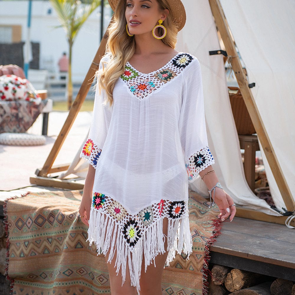 Vestido playero con bordado y flecos-Laurene.es